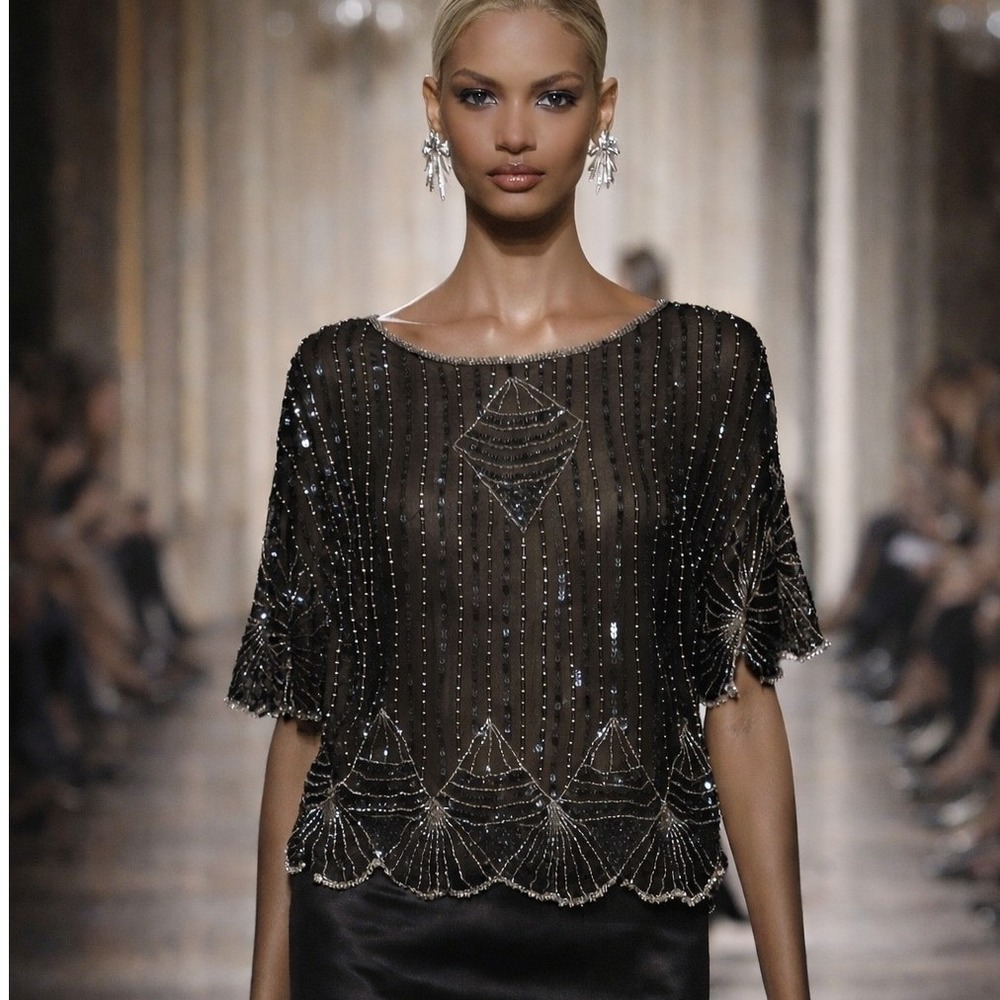 Miss Magnin I. Magnin Swee Lo‎ Vintage Silk Beaded Sequin Art Deco Blouse Black
